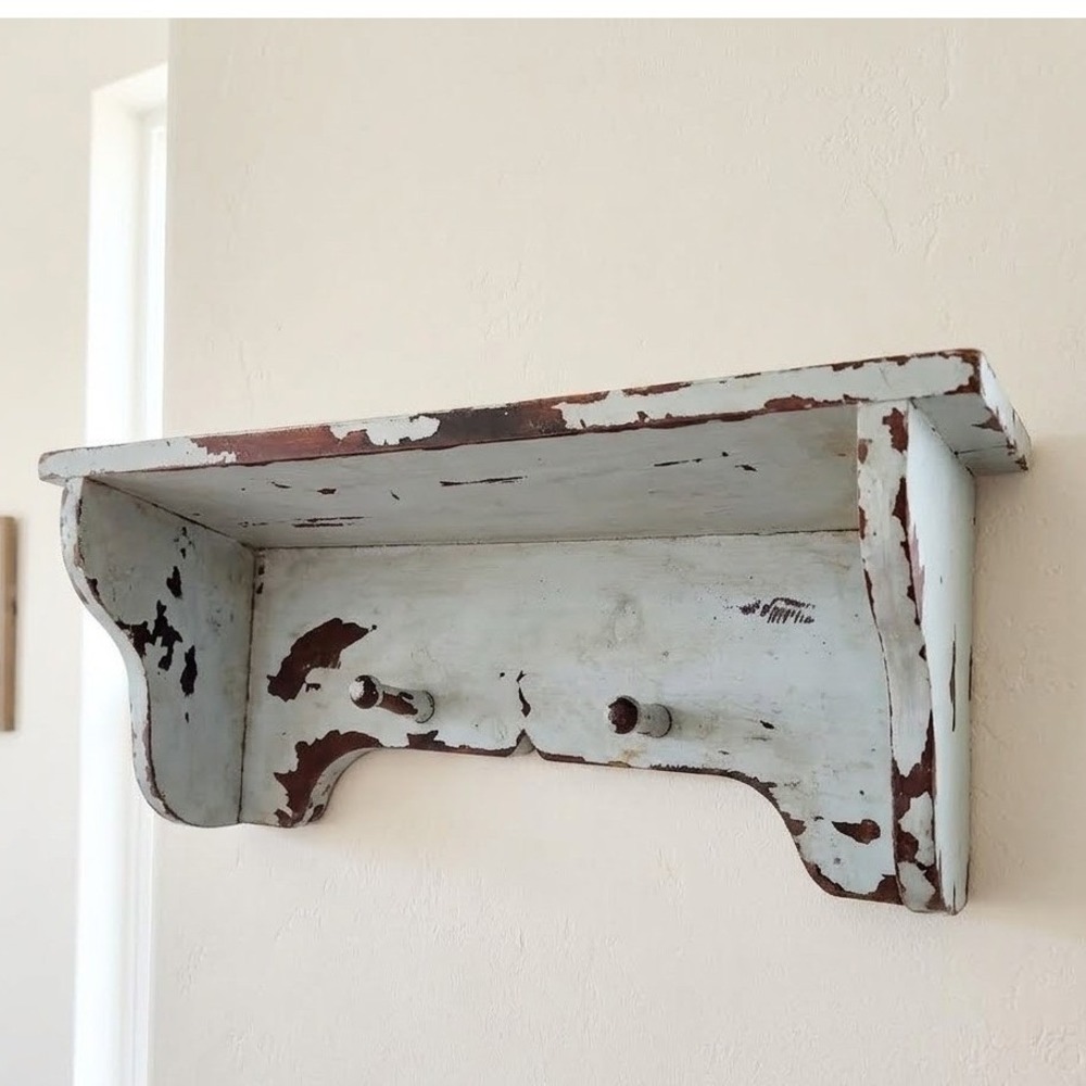 Vintage Rustic Blue Chippy Paint Wood Wall Shelf Pegs Farmhouse Cottagecore